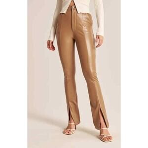 Abercrombie & Fitch Skinny Ultra High Rise Faux Leather Split Hem Pants Brown 4